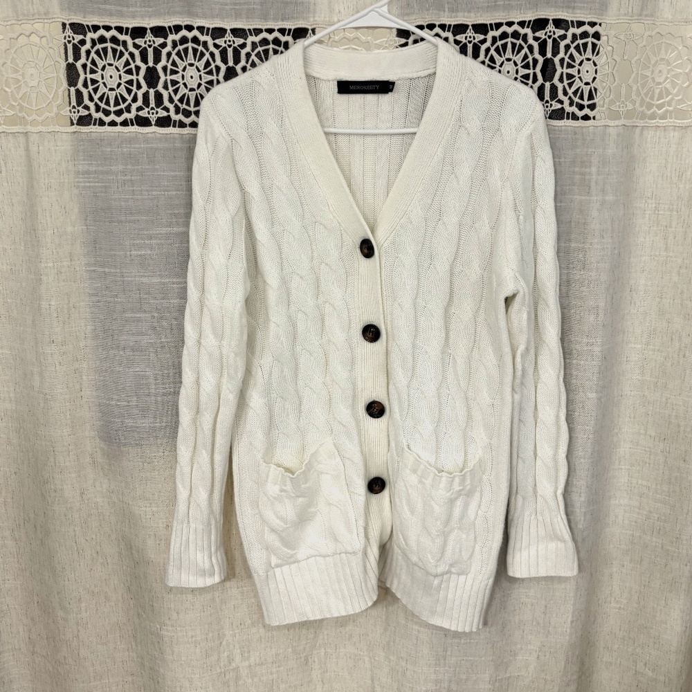 Meroketty Woman’s V-Neck Long Sleeve Button Up Cable Knit Cardigan Cream Size M
